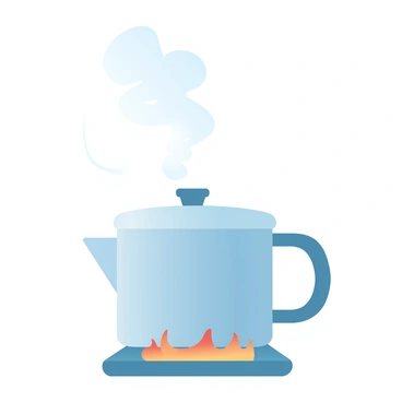 A pressure cooker is placed on a stove with flames flickering underneath. The pressure cooker is metallic with a shiny surface reflecting light. Steam is visibly escaping from the pressure valve, creating a wisp of vapor in the air. The steam forms intricate patterns that swirl upwards. The lid of the cooker is securely fastened, showcasing a small gauge indicating the pressure inside. The background features a simple kitchen setting with muted colors, emphasizing the focus on the pressure cooker.