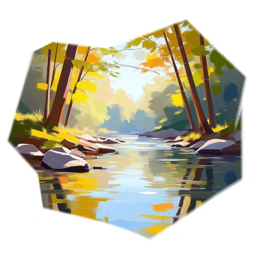 A river flowing through a dense forest, with clear water that reflects the surrounding trees on its surface. The forest is filled with tall, green trees, their branches reaching towards the sky. The scene captures the gentle movement of the water, creating ripples that interact with the reflections of the trees. Sunlight filters through the leaves, casting dappled shadows on the riverbank, which is lined with patches of grass and small rocks.