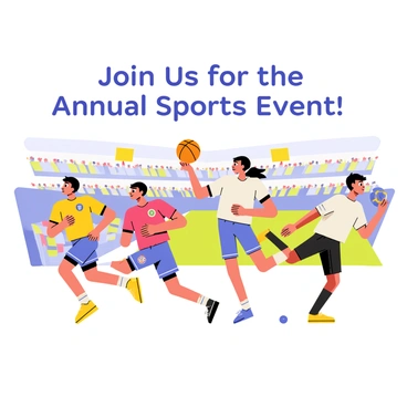 A sports event invitation featuring a vibrant design. The background showcases a lively arena filled with cheering fans. In the foreground, various athletes are depicted in dynamic poses, including a runner sprinting, a basketball player jumping to shoot, a swimmer diving, and a soccer player kicking a ball. Each athlete is wearing colorful sports attire representing different sports. The invitation text, "Join Us for the Annual Sports Event!" is prominently displayed at the top in bold letters.