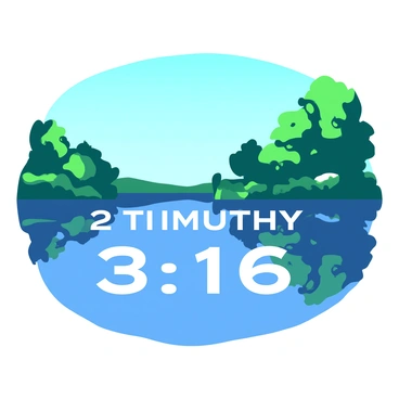 The text "2 Timothy 3:16" is reflected on the surface of a calm lake. The water is still, creating a perfect mirror-like effect with the letters clearly visible. Surrounding the lake, there are lush green trees with vibrant leaves, their colors contrasting against the serene water. The sky above is a clear blue, adding to the tranquility of the scene. The reflection of the text appears undisturbed, capturing the essence of peace and contemplation.