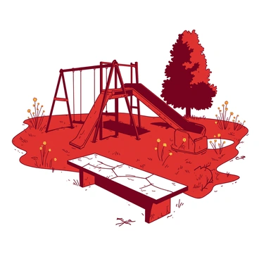 A red neglected park with rusted playground equipment in various states of disrepair. The swings are hanging unevenly, and the slide has patches of rust. The grass is unkempt, growing wild with patches of yellow dandelions scattered throughout. In the foreground, there is an old, cracked concrete path that winds through the park, leading to a weathered wooden bench covered in peeling paint. In the background, a tall, overgrown shrub adds to the sense of abandonment.