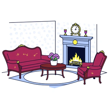 A Victorian-era parlor featuring an ornate settee upholstered in deep burgundy fabric, adorned with intricate golden patterns. There are matching armchairs on either side of the settee, also richly decorated. A small, round coffee table made of dark wood sits in the center of the room, displaying a delicate vase with fresh flowers. In the corner, a crackling fireplace with a decorative mantelpiece showcases a vintage clock and a pair of candlesticks. The walls are lined with wallpaper displaying floral motifs, and an elegant area rug covers the polished wooden floor. Soft light from the fireplace casts a warm glow across the room.