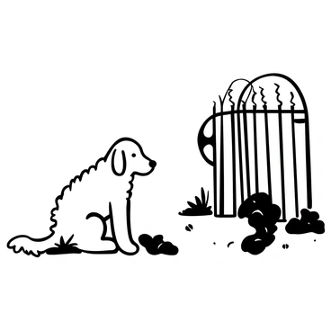 A dog with a drooping posture sitting next to an old wrought iron gate. The dog has a shaggy coat, its ears are pointed down, and its tail hangs low. The gate is slightly ajar, and there are patches of grass and dirt surrounding it. The scene captures the dog as it gazes into the distance, focusing on the path where its owner is departing. There are a few scattered leaves and a small rock beside the dog, adding to the atmosphere of solitude.