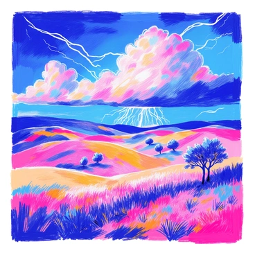 A distant thunderstorm is visible on the horizon. Dark storm clouds are gathering, creating a dramatic contrast against the lighter sky. Bright flashes of lightning illuminate the clouds, creating intricate patterns of light. The landscape in the foreground features rolling hills, with patches of grass swaying gently in the wind. A few trees stand silhouetted against the stormy backdrop, their branches slightly bending. The overall atmosphere conveys a sense of anticipation and energy in the air.