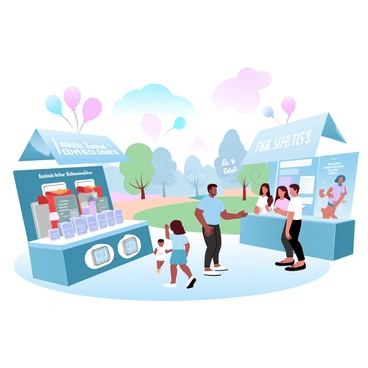A community safety fair takes place in an open park area, filled with various booths. Each booth has colorful banners displaying safety messages. One booth prominently displays "Smoke Detectors" alongside neatly arranged smoke detectors of different models. Another booth features informative pamphlets about "Fire Safety Tips," with visually appealing graphics highlighting safety procedures. Families are interacting and engaging in discussions with safety representatives. In the background, there are inflatable safety mascots, and children are participating in a hands-on fire safety demonstration. Brightly colored balloons float above the booths, adding to the festive atmosphere.