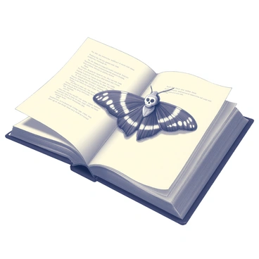 An old, open book lies flat on a surface. The pages are yellowed and show signs of wear, with some edges slightly frayed. A detailed illustration of a "death's-head hawkmoth" is centered on the two pages, showcasing its distinctive skull-shaped pattern on the back of its head. The moth rests motionless, its wings partially spread, revealing intricate patterns and textures. The book's text is faintly visible around the moth, adding to the overall sense of antiquity and mystery of the scene.