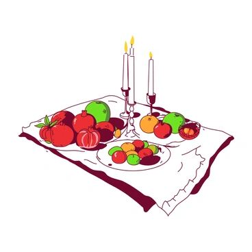A white candlelit dinner table set for a Yalda celebration. On the table, there are various colorful fruits including red pomegranates, green apples, and orange tangerines arranged beautifully. Adjacent to the fruits, there is a platter filled with assorted sweets in various vibrant colors. The warm glow of the candlelight reflects softly on the table's surface, enhancing the festive atmosphere. A decorative white tablecloth drapes elegantly over the table, adding to the charm of the setting.