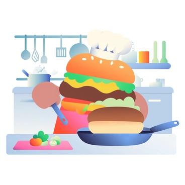 A large burger with a golden-brown bun is wearing a white chef's hat and a red apron. The burger has two slices of cheese melting over a juicy beef patty, and a piece of lettuce is peeking out from underneath the top bun. The burger is standing in a kitchen, holding a spatula in one hand and flipping another burger on a frying pan. The kitchen has a stainless steel countertop, and there are various cooking utensils hanging on the wall. A pot with boiling water is on the stove, and a cutting board is in the foreground with chopped vegetables.