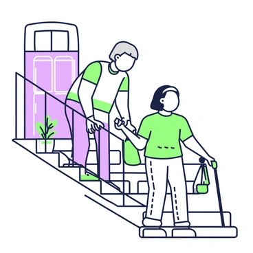 A person is helping an elderly neighbor carry groceries up a set of stairs. The person has short hair and is wearing a casual t-shirt and jeans. They are positioned slightly ahead of the elderly neighbor, who has gray hair and is using a cane. The elderly neighbor is holding a bag of groceries in one hand while using the cane in the other. The stairs are made of wood, with a railing on one side. In the background, there is a door at the top of the stairs, and a few plants are visible on the landing.