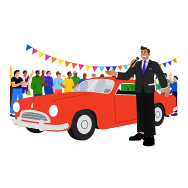 An auctioneer presenting a rare vintage car in front of a lively crowd