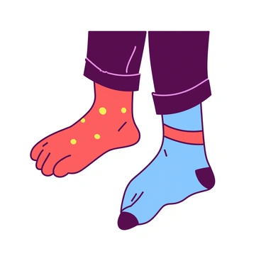 A pair of feet with mismatched, colorful socks peeking out from under pants