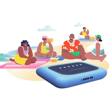 A sleek, modern portable sound system in a vibrant blue color is set up on a picnic blanket at the beach. The sound system has smooth, rounded edges and control buttons on the top. Surrounding it, a diverse group of friends is enjoying the warm sunshine. There are two women with curly hair, one wearing a bright yellow sundress and the other in a light purple tank top. A man with short, dark hair is sitting cross-legged, wearing a red Hawaiian shirt. Another friend, wearing sunglasses and a green cap, is dancing nearby. Laughter and smiles are evident on their faces as they share this joyful moment. Beach towels and a picnic basket filled with snacks are scattered around, and the gentle waves of the ocean can be seen in the background.