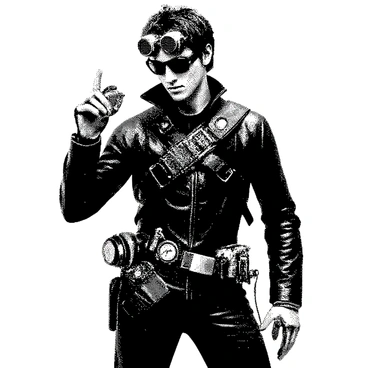 A steampunk-themed thief stands in a dynamic pose. The character has tousled hair and wears goggles resting on their forehead. They are dressed in a fitted leather outfit adorned with various pouches and straps, holding a gadget in one hand, showcasing intricate mechanisms. Their belt is equipped with an assortment of tools and devices, including a small clockwork device. The character's expression is focused and cunning, and they have a pair of fingerless gloves revealing dexterous fingers ready for action. The setting is filled with gears and mechanical elements, emphasizing the steampunk theme.