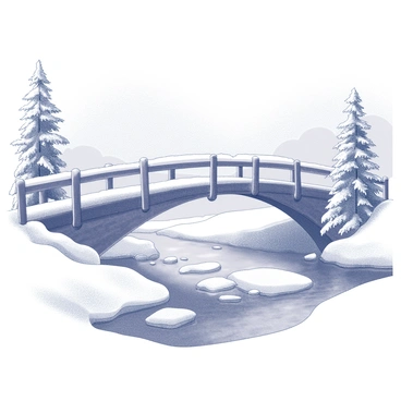 A bridge covered with snow and ice, crossing a frozen creek in winter