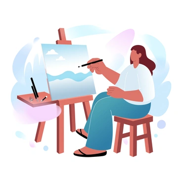 An artist is sitting on a wooden stool in front of a wooden easel. The easel holds a large sheet of paper where the artist is drawing a landscape scene using charcoal. The artist's hand is poised over the paper, with a piece of charcoal gripped between fingers. In the background, there are rolling hills and trees depicted in soft, gradient pastel colors, adding depth to the scene. The artist's workspace includes a small table beside them, holding additional art supplies like more charcoal sticks and a sketchbook.
