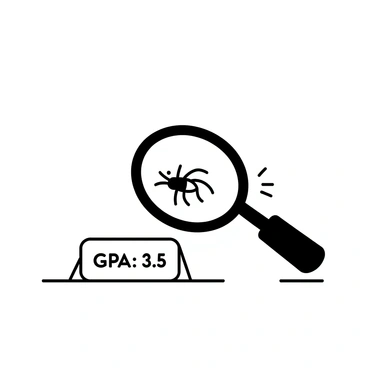 A large magnifying glass is positioned above a small bug, magnifying its details. The bug is depicted with intricate features, showing its legs and antennae clearly. Next to the bug, there is a label that reads "GPA: 3.5" in bold text. The scene is composed in a way that emphasizes the bug's small size in relation to the magnifying glass. The background is minimal to keep the focus on the magnifying glass, the bug, and the label.