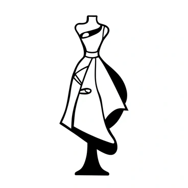 A futuristic dress design with innovative shapes and a structured silhouette. The dress is made from metallic fabrics, creating a striking visual texture. The skirt features asymmetrical layers that cascade down, while the bodice is form-fitting with angular cutouts. There are geometric embellishments placed strategically across the dress. The design incorporates flowing elements that contrast with the rigid structure, giving the impression of movement. The dress stands on a mannequin in a simple, elegant pose.