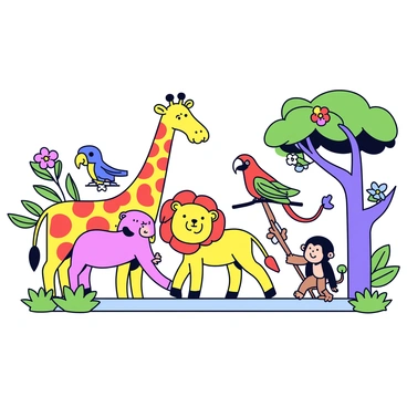 A mural featuring a variety of animals in a vivid arrangement. The animals include a giraffe with a long neck and distinctive spots, a lion with a flowing mane, a colorful parrot perched on a branch, and a playful monkey hanging from a tree. Each animal displays bright colors, creating a cheerful atmosphere. The background includes greenery and flowers, enhancing the vibrant scene.