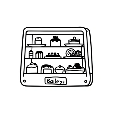 A bakery display case filled with various pastries and cakes that have a distinct "Baileys" flavor. The case is made of glass, showcasing a selection of items like layered cakes with cream and intricate frosting designs. There are small pastries like éclairs and tarts, each with decorative toppings. The display includes a variety of shapes and sizes, with some items placed on elegant white plates. A small sign on the front of the case reads "Baileys Delights."