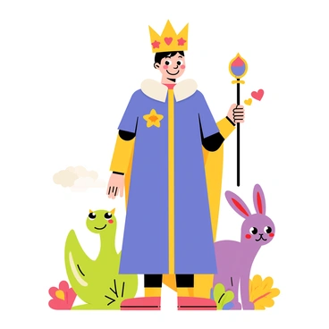 A fairytale king stands proudly in a colorful, cartoon-style illustration. He wears a vibrant, playful crown adorned with various shapes, including stars and hearts, in bright yellow and red. His robe is long and flowing, colored in royal blue with golden trim. The king's face is cheerful, featuring a big smile and sparkling eyes. He holds a scepter topped with a colorful gem in one hand and stands amongst whimsical creatures like smiling dragons and cheerful rabbits. Flowers in vivid colors bloom around him, adding to the enchanting atmosphere.