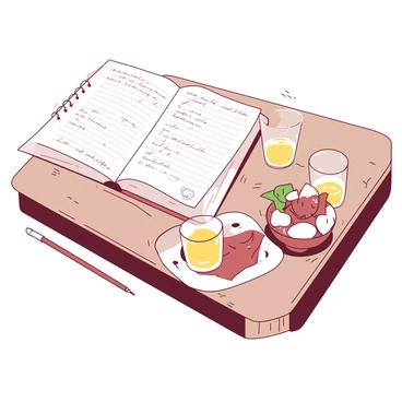 A white notebook filled with neatly written tasting notes is placed on a wooden table. Next to the notebook, there are three clear sake glasses, each filled with pale yellow sake. A small, decorative dish with a selection of sake cups is positioned nearby. The background features soft, muted colors that complement the scene.
