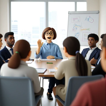 A character with short brown hair and wearing glasses is sitting at a conference table. They are animatedly speaking, with one hand gesturing expressively. The character is dressed in a blue button-down shirt and has a notepad in front of them. Surrounding the table are several audience members with perplexed expressions. The audience consists of individuals of diverse backgrounds, some wearing formal attire and others in business casual. The room is well-lit, with a large window in the background showing a glimpse of city buildings outside. A whiteboard is visible, covered with diagrams and notes related to the meeting topic.