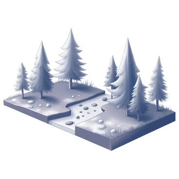 A miniature forest scene displayed on an 8x8 illustration board. The scene features a variety of tiny trees, including conifers and broadleaf trees, with detailed textures on their bark and leaves. There is a small, winding stream that cuts through the forest, reflecting the surrounding details. The stream has smooth, flowing edges and a pebbled bottom visible beneath the water. The ground is covered with patches of grass and small rocks, creating a natural forest floor appearance.