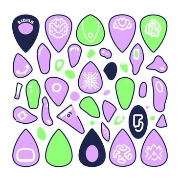 A detailed mosaic artwork created from various guitar picks. The picks are arranged in a repetitive pattern, showcasing a blend of shapes and sizes. Each guitar pick features unique designs and textures, reflecting light differently. The arrangement forms a larger image or pattern, with some picks overlapping while others are distinctly placed. The overall composition is structured yet dynamic, drawing attention to the tactile nature of the guitar picks and their vibrant surfaces.