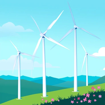 A series of wind turbines with white blades, each rotating slowly, stand tall on a ridge. They are surrounded by lush, green rolling hills that stretch into the distance, creating a sense of depth. The sky above is a bright blue with a few scattered clouds, casting soft shadows on the landscape. The sunlight glints off the turbine blades, emphasizing their sleek design as they harness the energy of the wind. Some wildflowers dot the foreground, adding a touch of color to the scene.