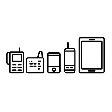 A series of mobile phones arranged in a line, showcasing their evolution. At the left end, there is a brick-like mobile phone with a rectangular shape, large buttons, and an antenna. Progressing to the right, the next phone is slightly slimmer with a smaller screen and fewer buttons. The following device appears more refined, featuring a flip design and a color display. Further right, a slide-out keyboard phone is depicted, followed by a modern smartphone with a large touch screen, minimal buttons, and a sleek profile. Each phone is clearly differentiated by its design and features, illustrating the progression of mobile technology.