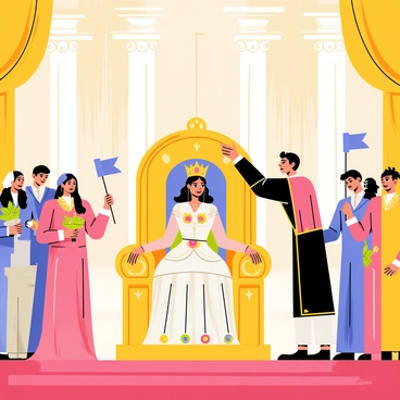 A large hall filled with ornate decorations for a grand coronation ceremony. In the center, a queen is seated majestically on an elaborately designed golden throne, embellished with colorful gemstones. She has long, flowing hair and is dressed in a royal gown with intricate patterns. A regal figure is gently placing a jeweled crown on her head, and the crown sparkles with various colored gems. The audience in the background watches in awe, with some holding banners and flowers, enhancing the solemn yet festive atmosphere of the event.