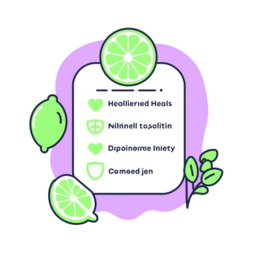 An educational infographic about the health benefits of lemons. At the top, there is a large, circular representation of a lemon cut in half, showcasing its bright texture and juicy segments. Below the lemon, bullet points list various health benefits, with green icons representing each benefit, such as a heart for cardiovascular health and a shield for immune support. To the side, there is a smaller illustration of a whole lemon, alongside green leaves that accentuate the fruit. The background is simple and highlighted with green and purple outlines that frame the overall infographic.