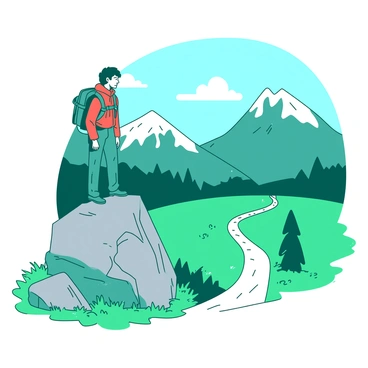 A teal hiker is standing up from a large grey rock, with one hand resting on the rock for support. The hiker is dressed in a vibrant red jacket and wearing a backpack. In front of the hiker, there is a winding mountain path that leads towards a range of majestic mountains in the distance. The path is flanked by lush green grass and small wildflowers. The sky above is clear with a few fluffy white clouds scattered across it. The hiker gazes intently at the path ahead, ready for the adventure that lies before them.