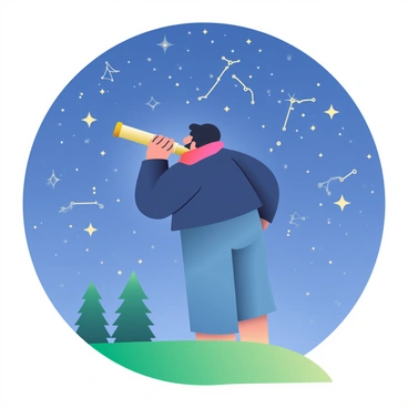 A person with short black hair is standing on a grassy hilltop, looking through a large telescope pointed towards a sky full of stars and constellations. They are wearing a dark blue jacket and jeans, with a warm scarf wrapped around their neck. The night sky is filled with a multitude of bright stars, and various constellations are visible, outlined clearly against the deep blue backdrop. The air is clear, and the person is slightly leaning forward as they focus through the telescope, illuminated by the soft glow of the stars. In the background, the silhouette of trees can be seen against the night sky.