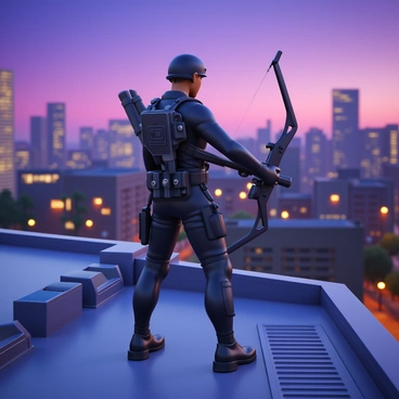 A modern character using a crossbow for urban exploration on a city rooftop.