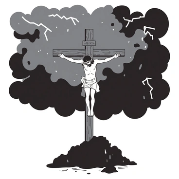 A figure of Jesus with outstretched arms is crucified on a wooden cross positioned centrally in the image. His head is bowed, and a crown of thorns rests upon it. The sky above is filled with swirling clouds in rich tones of gray and black, suggesting an impending storm. Lightning bolts flash through the clouds, illuminating the scene with brief bursts of light. Below the cross, the ground is dark and rugged, emphasizing the solemnity of the moment. Rain begins to fall, adding a glistening effect to the surface around the base of the cross.