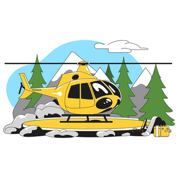 A helicopter with a sleek design sits on a mountain helipad, its blades poised for takeoff. The helipad is surrounded by rocky terrain and tall pine trees, with a clear blue sky overhead. In the foreground, rescue equipment such as a stretcher and first aid kit are neatly arranged next to the helicopter. The scene conveys the anticipation of a rescue operation in a remote, rugged environment.