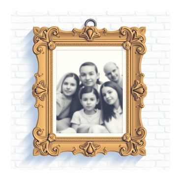 An ornate antique photo frame with intricate carvings is hanging on a textured wall. The frame has a rich gold finish that enhances its detailed embellishments. Inside the frame is a black-and-white family portrait, showcasing a group of five people posed together with serious expressions. The background of the portrait is blurred, emphasizing the family members in the foreground. The wall has a subtle pattern that adds depth, with soft shadows creating a sense of dimension around the frame.