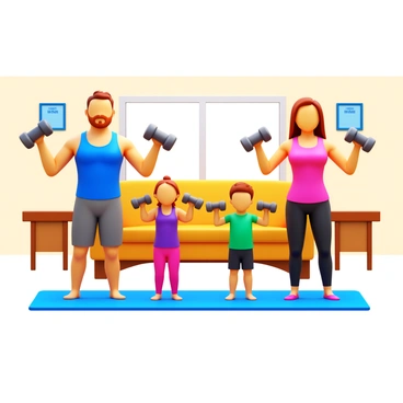 A family workout session is taking place in a bright, spacious living room. Each family member is engaged in performing "hammer curls" with free weights in their hands. The father, wearing a blue tank top and gray shorts, is demonstrating the exercise with focused determination. The mother, dressed in a pink workout top and black leggings, is mirroring his movements with confidence. Two children, a boy in a green t-shirt and black shorts, and a girl in a purple tank top and pink leggings, are enthusiastically following along. Everyone has a look of concentration and enjoyment on their faces as they work out together. The room has exercise mats on the floor and motivational posters on the walls.