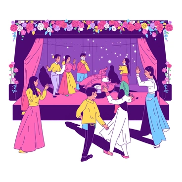 A vibrant sangeet night scene with guests dressed in colorful traditional attire dancing joyfully around a beautifully decorated stage. The stage is adorned with intricate floral arrangements in various colors, and shimmering lights are strung overhead, creating a festive atmosphere. The guests are clapping and smiling, some are engaged in a lively dance, while others are cheering from the sides. A musician is positioned on the stage, playing a traditional instrument, adding to the celebratory ambiance of the event.