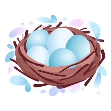 A nest made of twigs and leaves is filled with several snake eggs, each with a smooth, glossy surface. One egg is beginning to crack open, revealing a small portion of a snake emerging from the shell. The surrounding eggs are situated closely together, and the nest is placed in a natural setting with soft, muted earth tones. Soft shadows cast by surrounding foliage create a gentle, layered appearance around the nest.