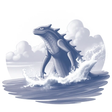 A giant sea monster is emerging from the ocean waves. The creature has large, scaly features, with elongated limbs and numerous fins that ripple as it breaks the surface. Water splashes dramatically around its massive body, creating a foamy contrast against the dark ocean. In the background, the horizon stretches out, hinting at a stormy sky filled with swirling clouds. The scene captures the power and majesty of the creature as it rises from the depths.