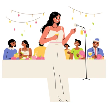 A bridesmaid standing at a decorated table at a wedding reception, holding a glass filled with sparkling juice. She has long, flowing hair styled elegantly and is wearing a beautiful dress that complements the wedding theme. The background features tables adorned with white tablecloths, floral centerpieces, and twinkling fairy lights. Guests are seated at the tables, smiling and listening attentively. The bridesmaid has an emotional expression on her face as she speaks, with a microphone in front of her capturing the moment.