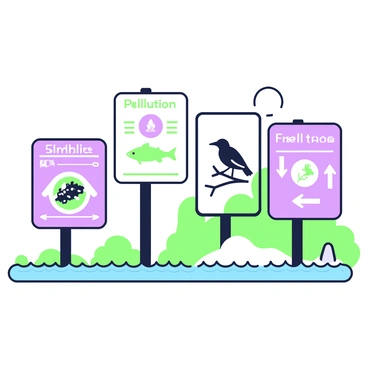 A series of educational signs are positioned along the banks of the Ganges River. Each sign features clear illustrations and concise text highlighting the impact of pollution on wildlife. One sign depicts a fish with a visible layer of debris, while another shows a bird perched on a polluted branch. There is a diagram illustrating the food chain with arrows indicating the flow of toxins. Surrounding these signs, there are elements of the river landscape, including gentle waves and patches of green vegetation along the shore. The setting is designed to engage viewers in understanding the ecological consequences of pollution in the river.