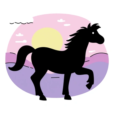 A black silhouette of a pony standing, with its mane flowing in the wind. The pony is positioned against a vibrant sunset featuring shades of orange, pink, and purple. The backdrop consists of rolling hills that gently rise and fall. The sky is filled with wispy clouds catching the colors of the sunset, creating a dynamic atmosphere.