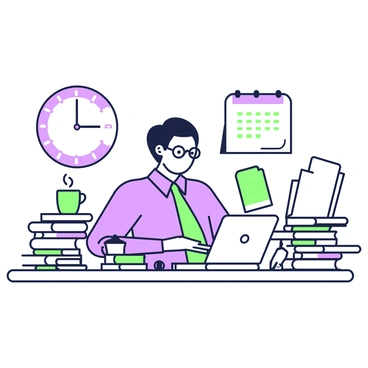 An accountant is seated at a cluttered desk, surrounded by stacks of documents and papers that are piled high. The accountant has a focused expression, wearing glasses and a button-up shirt, furiously typing on a laptop. To the left, a large clock on the wall displays the time prominently, emphasizing the urgency of the tax deadline. Scattered around the desk are a calculator, a green notepad, and a green pen. There are also a few coffee cups, suggesting long hours of work, with one cup placed precariously on top of a stack of papers. In the background, a wall calendar indicates the looming deadline date.