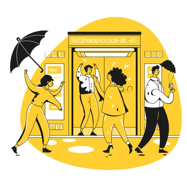 Several people are entering a subway platform, shaking off umbrellas and raincoats. One person is holding a black umbrella, flipping it inside out to dry. Another is removing a yellow raincoat, water droplets falling from it onto the platform. A woman is shaking her hair, which is damp from the rain. Nearby, a man is stepping carefully to avoid puddles on the ground. The atmosphere suggests a busy urban scene, with subway advertisements visible on the walls and the distinctive yellow tiles of the platform beneath their feet.