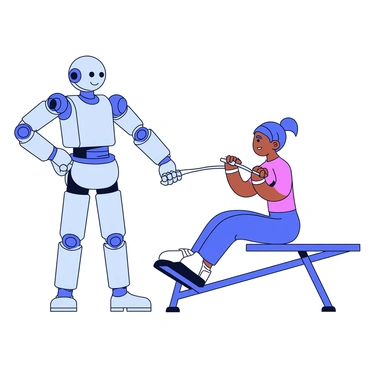 A futuristic robot with a sleek, metallic body stands next to a person demonstrating a seated cable row exercise. The robot has glowing blue accents and articulated limbs, conveying a sense of advanced technology. The person, wearing athletic gear, is seated on a modern gym bench with a cable machine in front of them. The robot is positioned beside the person, extending a mechanical arm to adjust their posture, ensuring they maintain a straight back and proper grip. The gym environment features minimalistic equipment and soft lighting, emphasizing the focus on the exercise.
