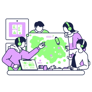 A group of four gamers is huddled together in a dimly lit room, focused intently on a large video game map spread out on a table in front of them. One gamer, wearing a headset, is pointing at specific locations on the map with a green marker, while the others lean in to listen. A laptop is open next to them, displaying game stats and character information. Energy drink cans are scattered on the table, and there are snack bags nearby. The atmosphere is charged with excitement as they discuss their strategies for the upcoming game.