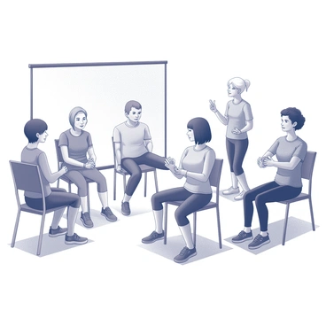 A fitness class designed for individuals with Huntington's disease takes place in a spacious studio. The room has soft lighting and clear space for movement. Several attendees are engaged in gentle exercises, such as seated stretching and light resistance training. An instructor demonstrates movements at the front of the class, providing clear guidance and encouragement. The participants display concentrated expressions as they follow along at their own pace, using various fitness props like resistance bands and small weights. A few chairs are arranged for those who need additional support during the session. The atmosphere reflects a supportive and inclusive environment dedicated to wellness and rehabilitation.